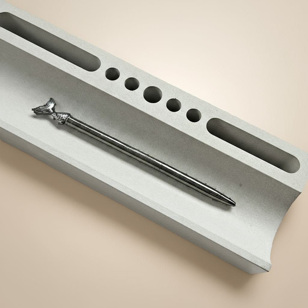 Rankų darbo betoninė pieštukinė Dominus minimalistiniu dizainu ir unikaliu paviršiumi darbo stalui