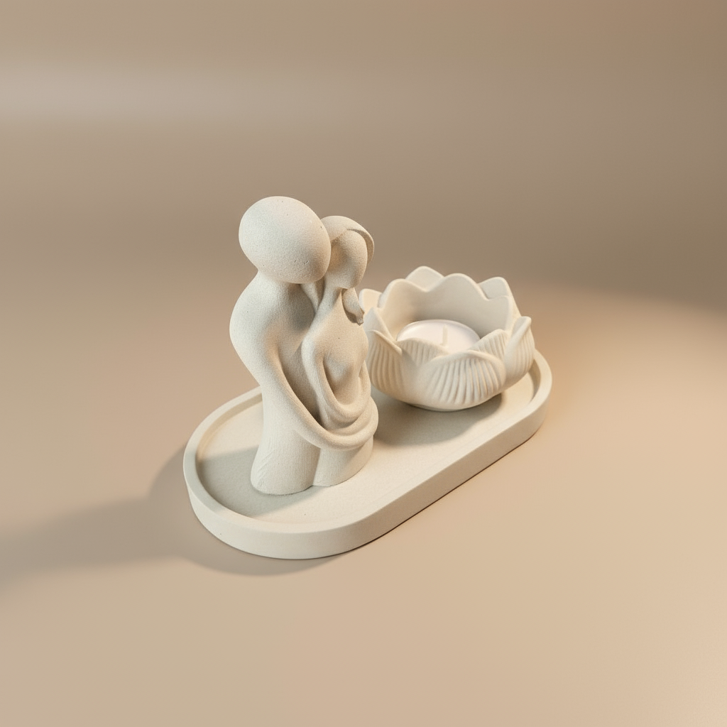 Minimalistinis betoninis rinkinys „Lotus Path“ su poros skulptūrėle ir žvakidė žiedu, simbolizuojantis meilę ir harmoniją.