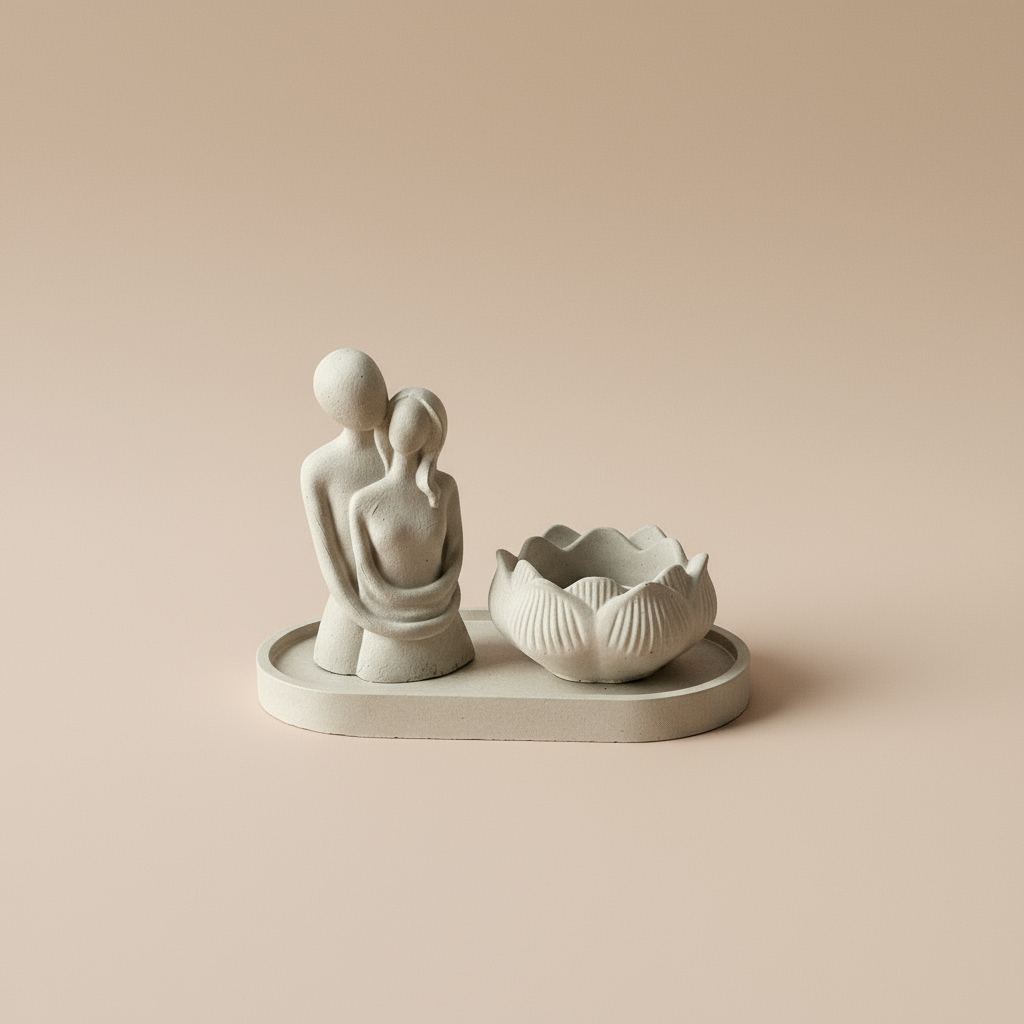 Betoninis rinkinys „Lotus Path“ su poros skulptūra ir žvakidė minimalistiniame dizaine