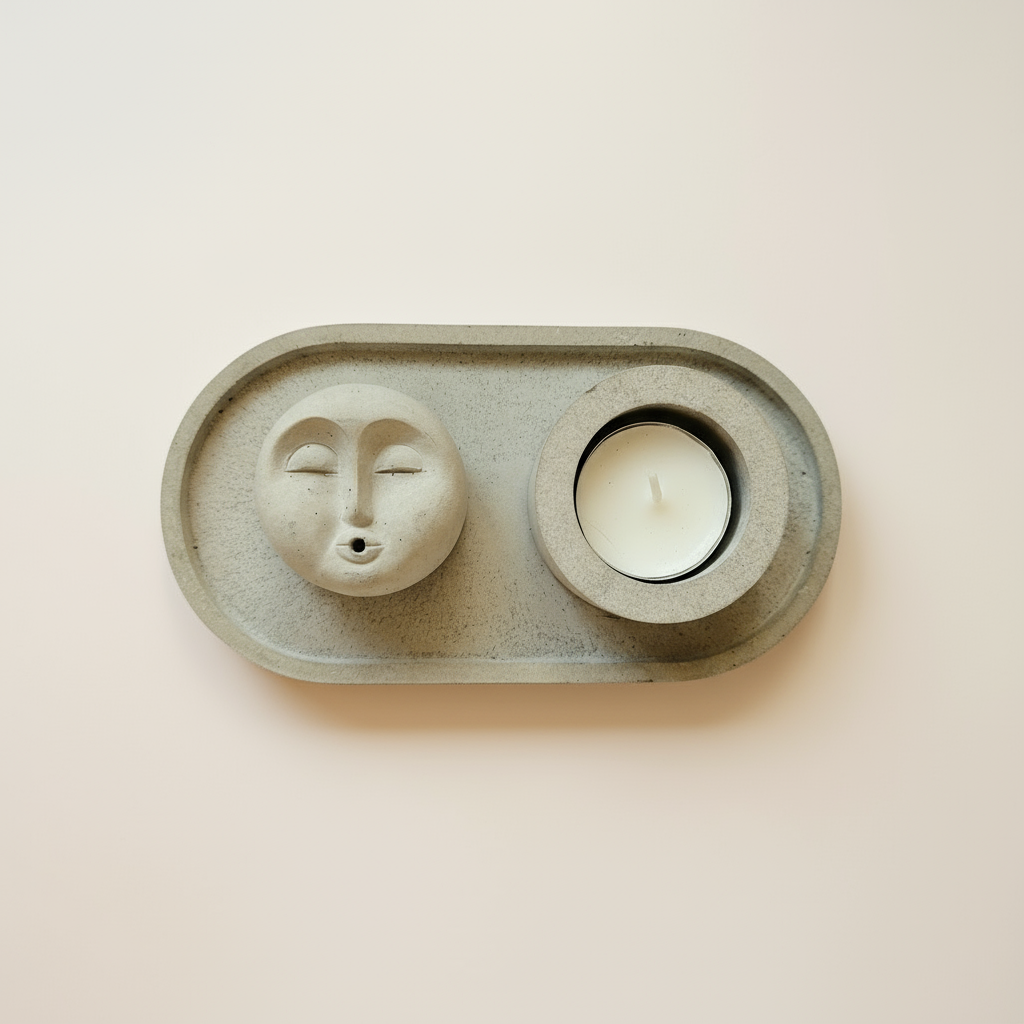 Betoninis rinkinys „Om Mani Padme Hum“ su padėkliuku, žvakidė ir meditaciniu veido simboliu minimalistinio dizaino