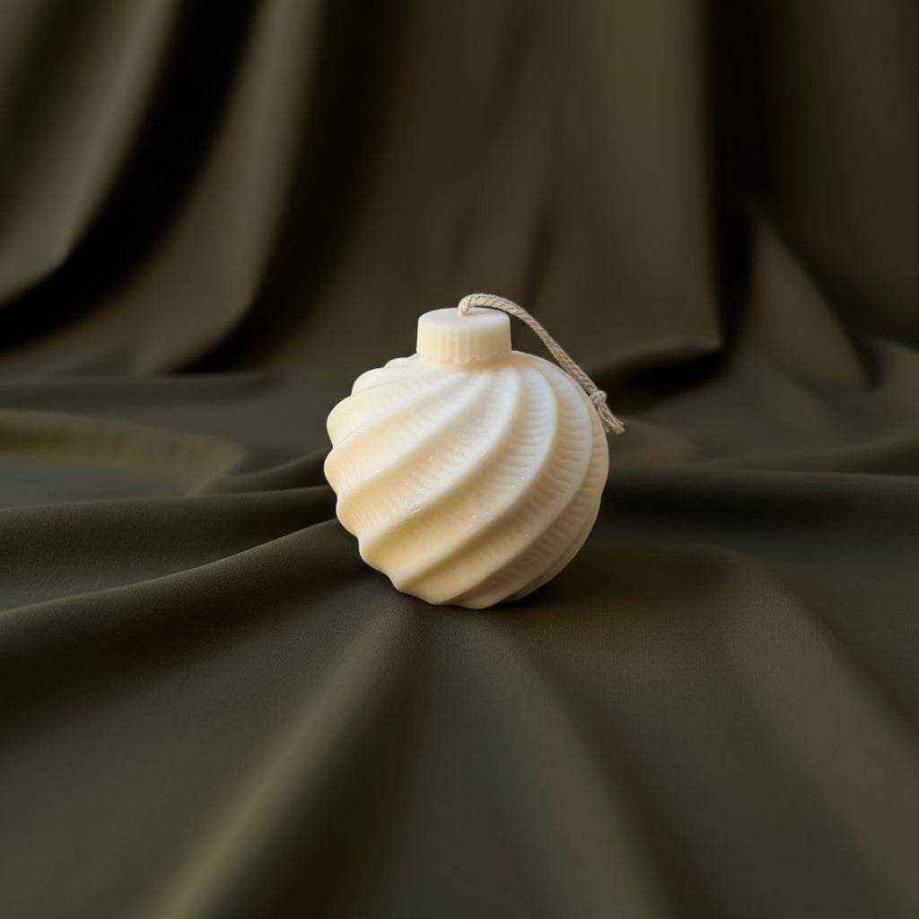 Rapsų vaško žvakė „Šventinis burbulas“ su ornamentu, primenančiu kalėdinį žaisliuką.