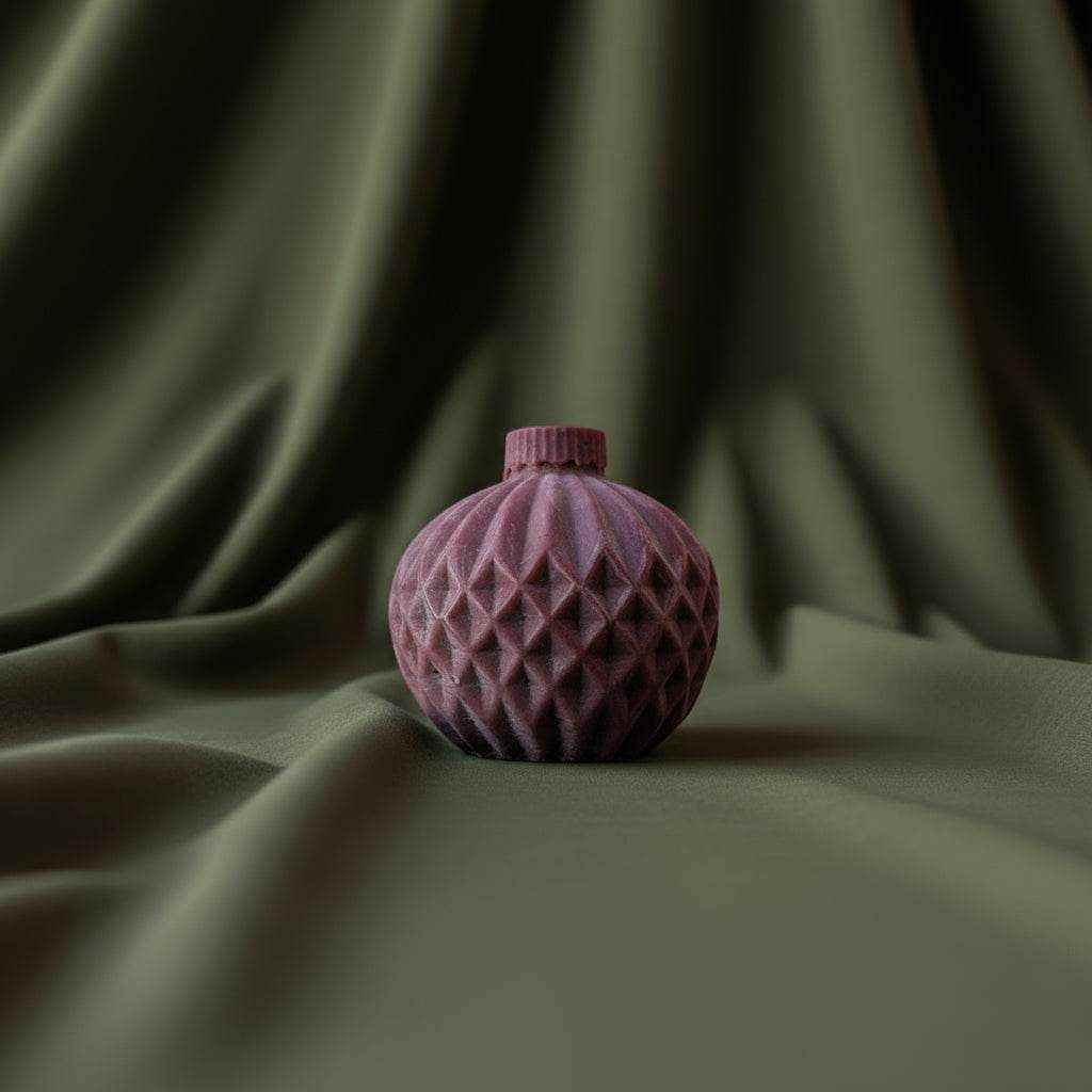 Rausva rapsų vaško žvakė „Šventinis burbulas“ su ornamentu, primenančiu Kalėdų eglutės žaisliuką