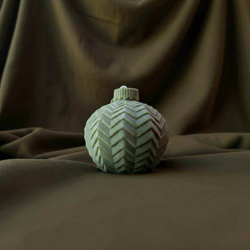 Rapsų vaško žvakė „Šventinis burbulas“ su ornamentu, primenančiu Kalėdų žaisliuką, rankų darbo tvari žvakė