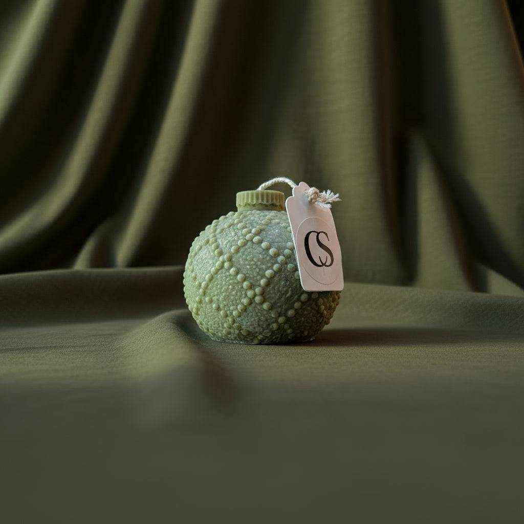 Rapsų vaško žvakė „Šventinis burbulas“ su ornamentu, primenančiu kalėdinį žaisliuką, elegantiška ir rankų darbo