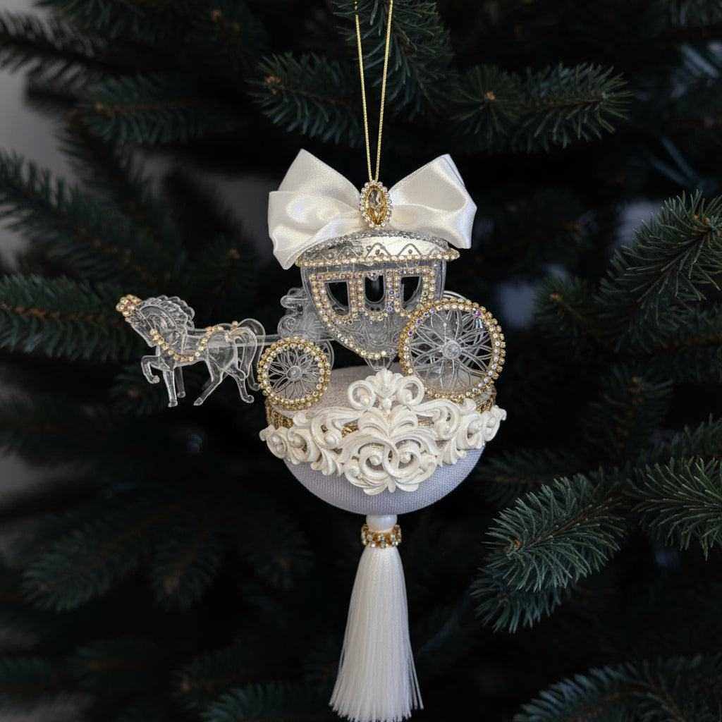 Kalėdų eglės žaisliukas Pelenės karieta su žirgais, dekoruotas stiklo kristalais ir šilku, elegantiškas rankų darbo ornamentas