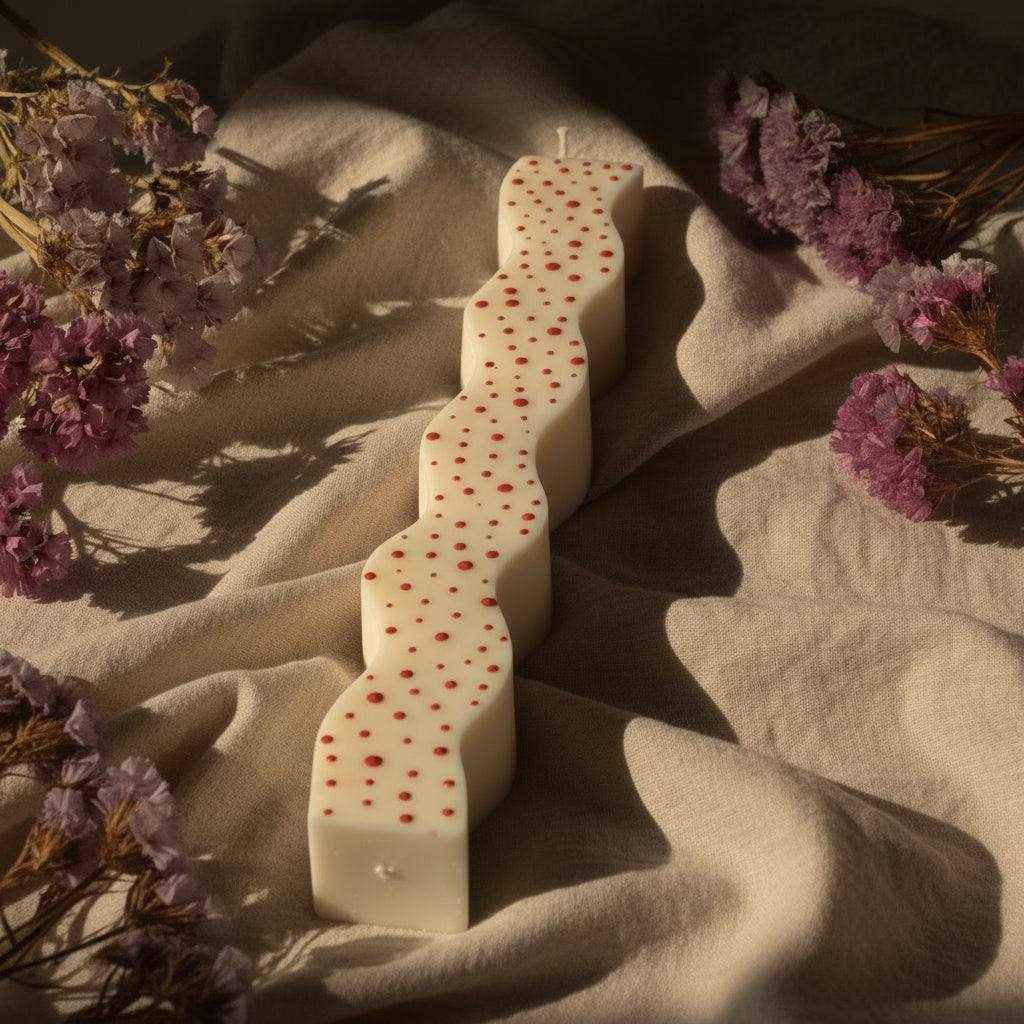 Dekoruota sojų vaško žvakė su raudonais tašeliais ir banguotu dizainu ant lino fono su gėlėmis