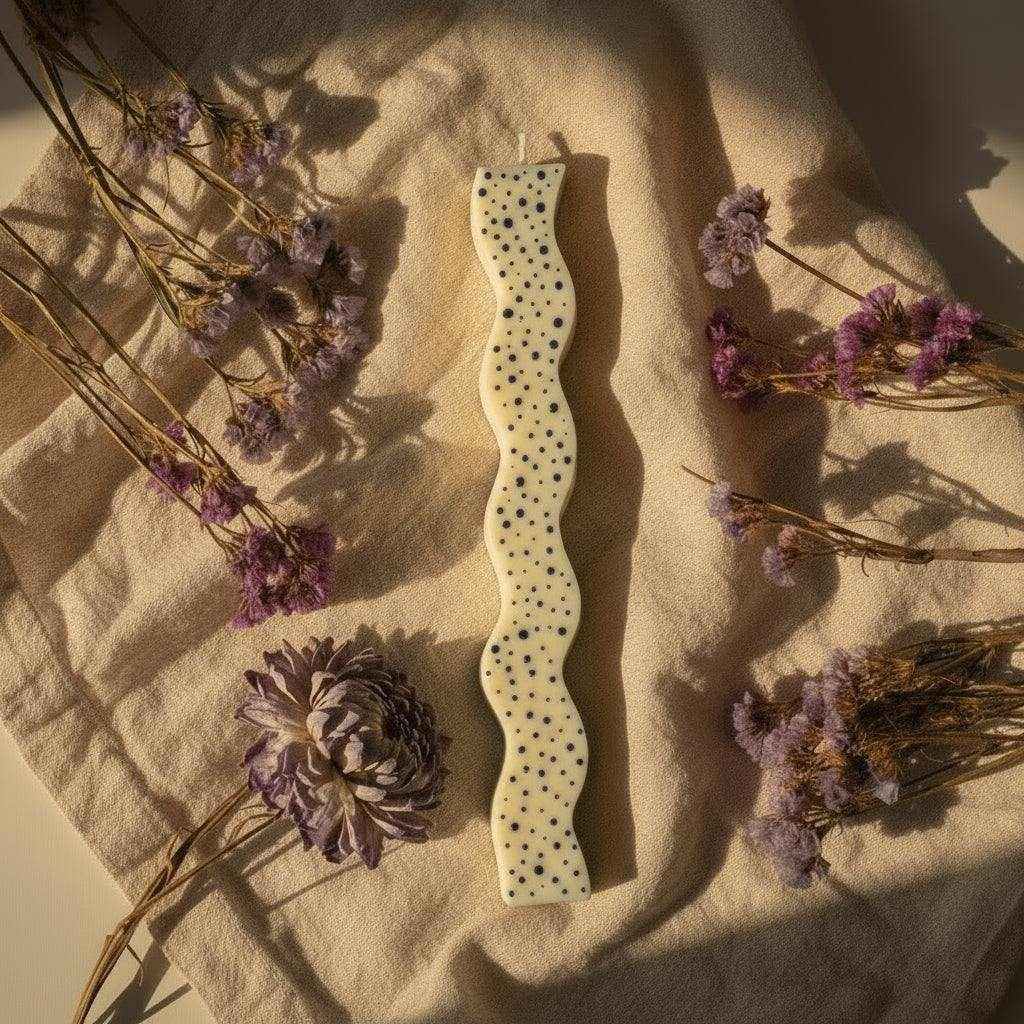 Dekoruota sojų vaško žvakė su ranka pieštais tašeliais ant audinio fono su džiovintomis gėlėmis