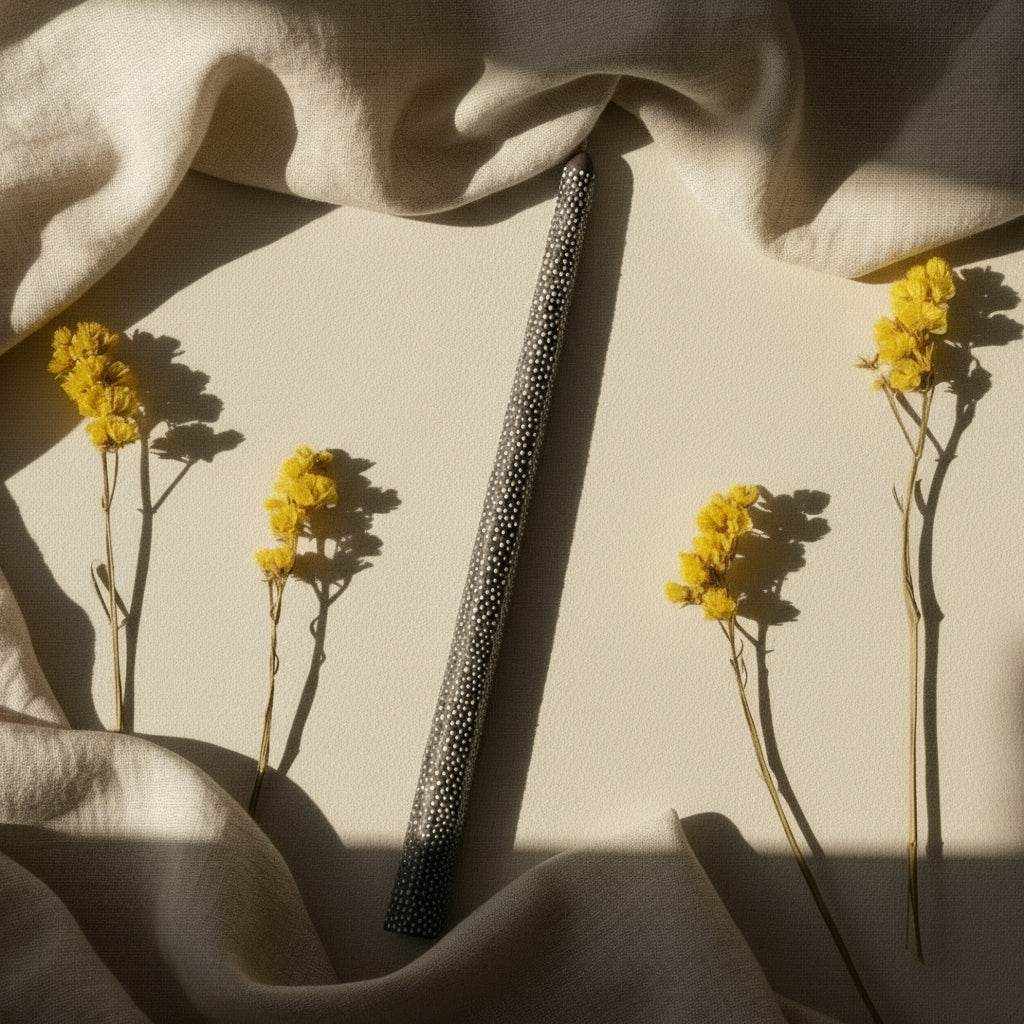 Dekoruota sojų vaško žvakė Slim Glow juodu raštu su geltonomis gėlėmis ir smėlio spalvos audiniu