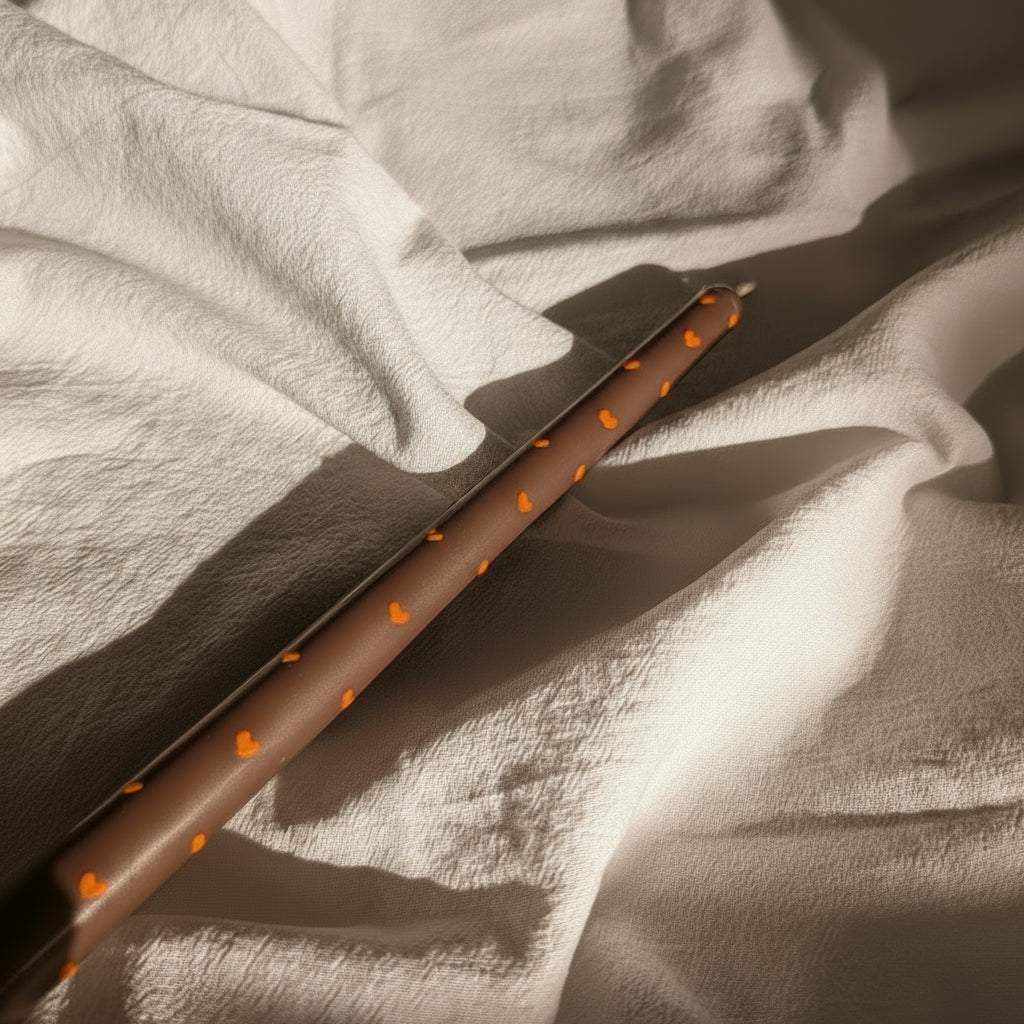 Dekoruota plona sojų vaško žvakė su mažais oranžiniais širdelių motyvais ant šventinio stalo