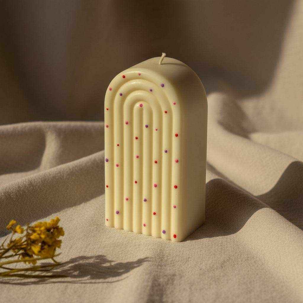 Dekoruota sojų vaško žvakė su taškeliais ir lanko forma interjerui