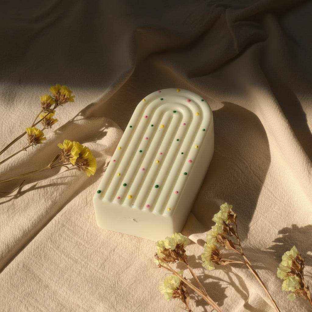 Dekoruota sojų vaško žvakė su spalvotais tašeliais ant smėlio spalvos audinio fono su gėlėmis