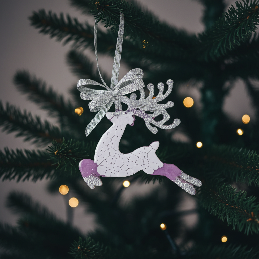 Kalėdinis eglutės žaisliukas elnias iš epoksidinės dervos su sidabriniu kaspinu