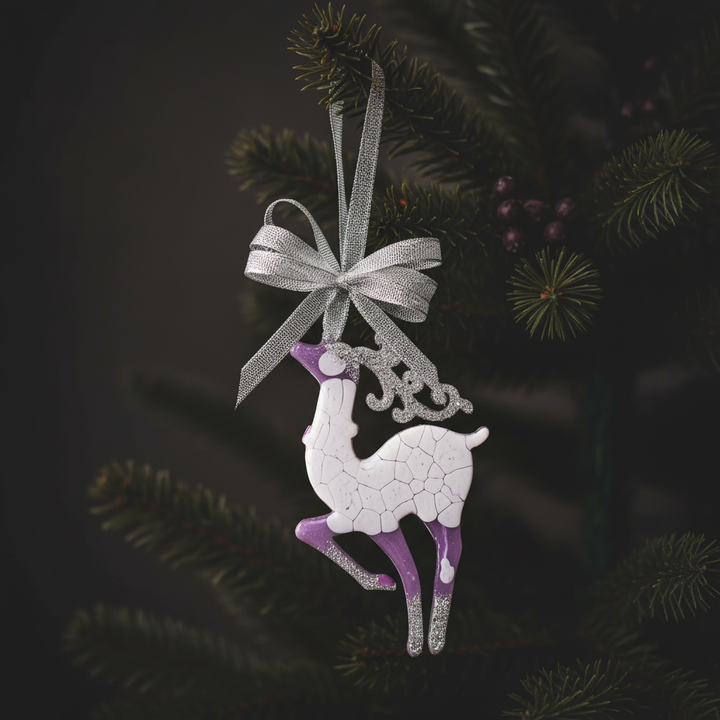 Kalėdinis eglutės žaisliukas – baltas ir violetinis rankų darbo elnias su sidabriniu kaspinu ant eglutės šakos
