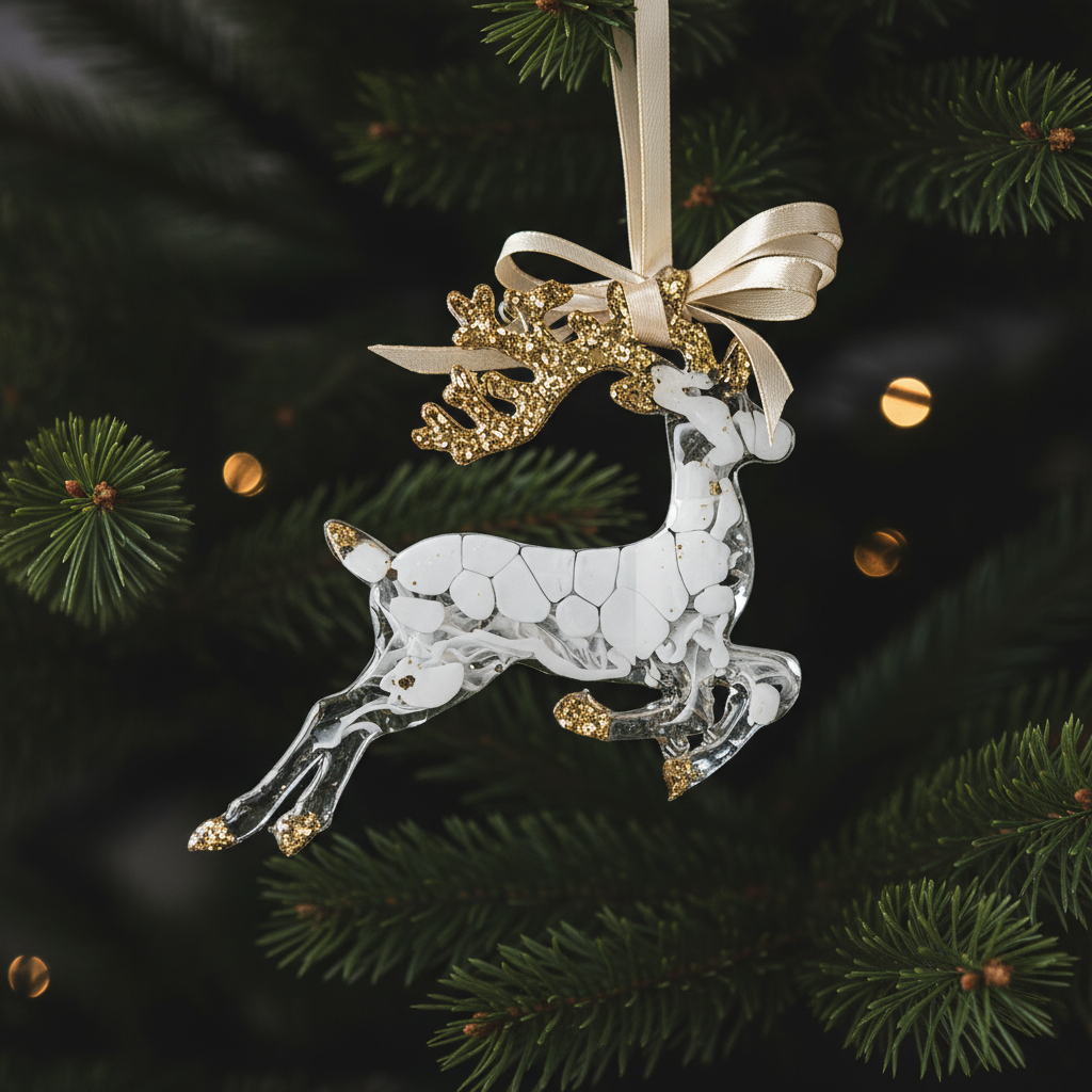 Kalėdinis eglutės žaisliukas - rankų darbo epoksidinis elnias su auksiniais ragais ir kaspinu