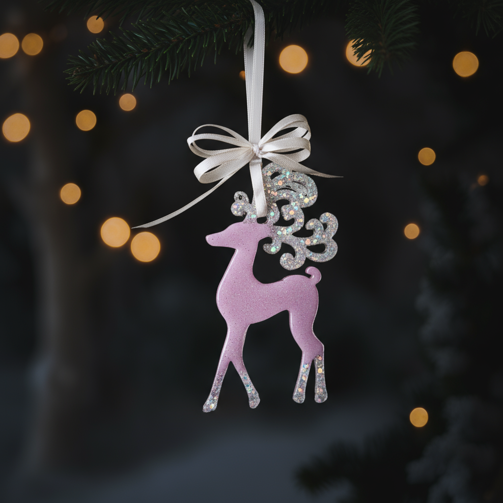 Kalėdinis eglutės žaisliukas elnias iš epoksidinės dervos su kaspinu ir blizgučiais