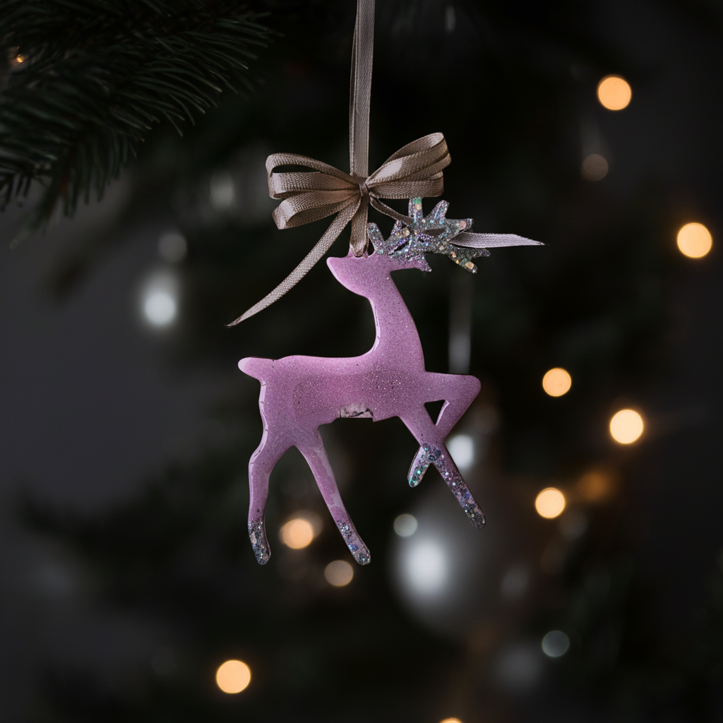 Kalėdinis eglutės žaisliukas rožinis elnias su kaspinu ant šakos