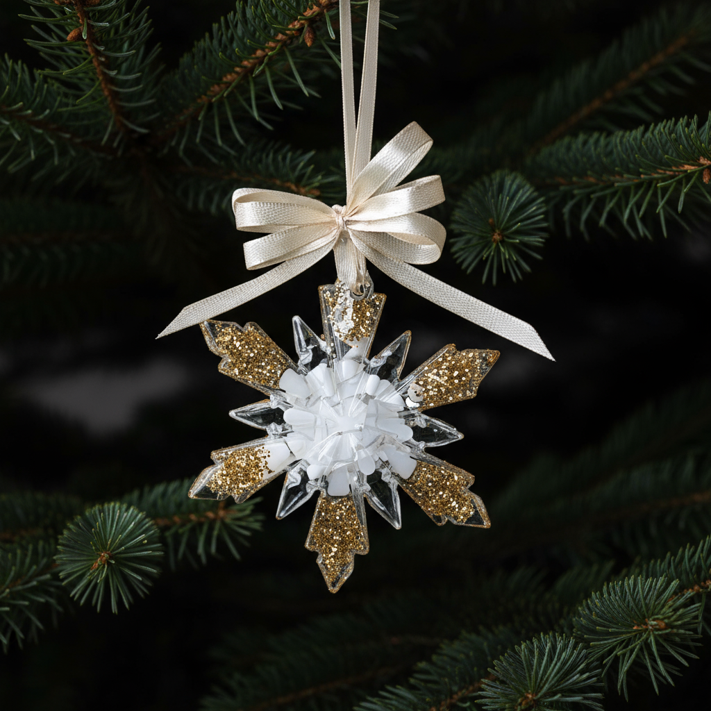 Kalėdinis eglutės žaisliukas snaigė iš epoksidinės dervos su kaspinu