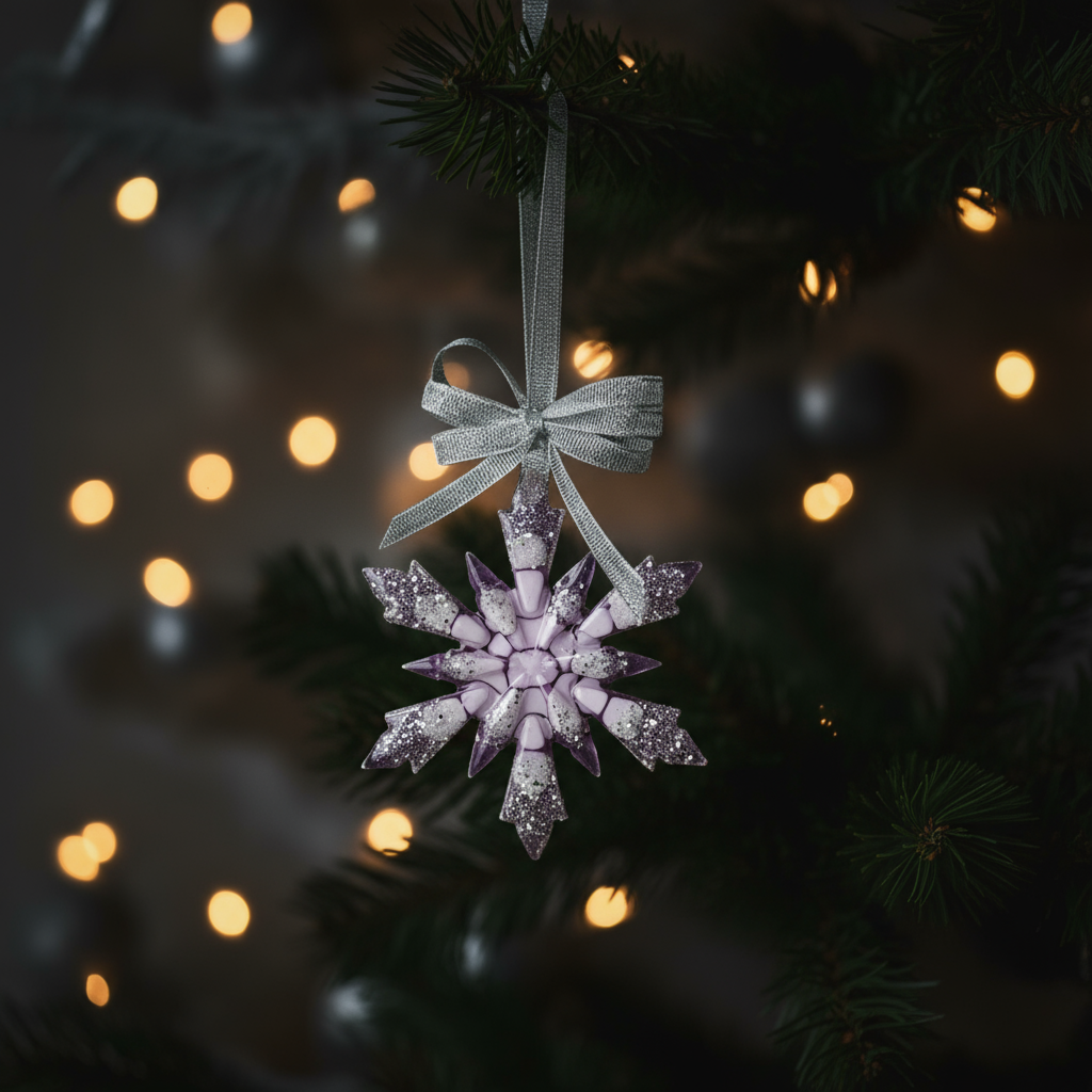 Kalėdinis eglutės žaisliukas snaigė iš epoksidinės dervos su sidabriniu kaspinu.