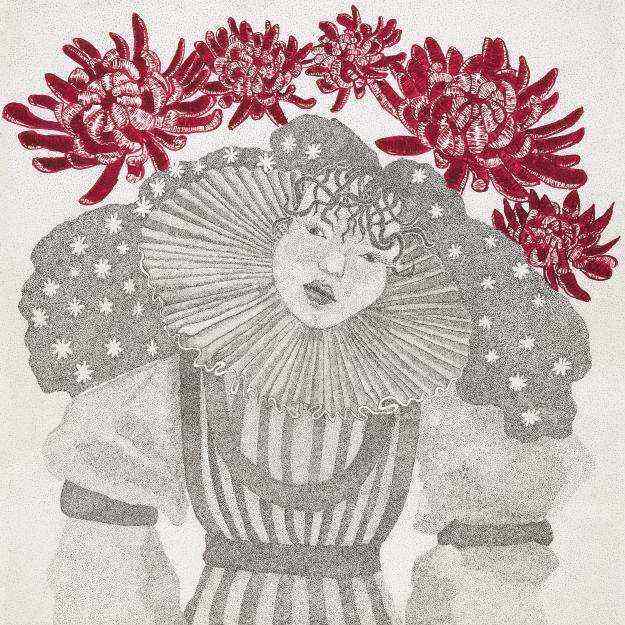 Printas Gintarė moters portretas su gėlių vainiku raudonos gėlės juodai balta stilizuota iliustracija