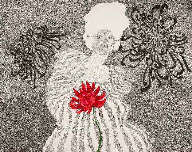 Printas Truputis paniekos – moters figūra su raudona gėle ir abstrakčiais raštais fone