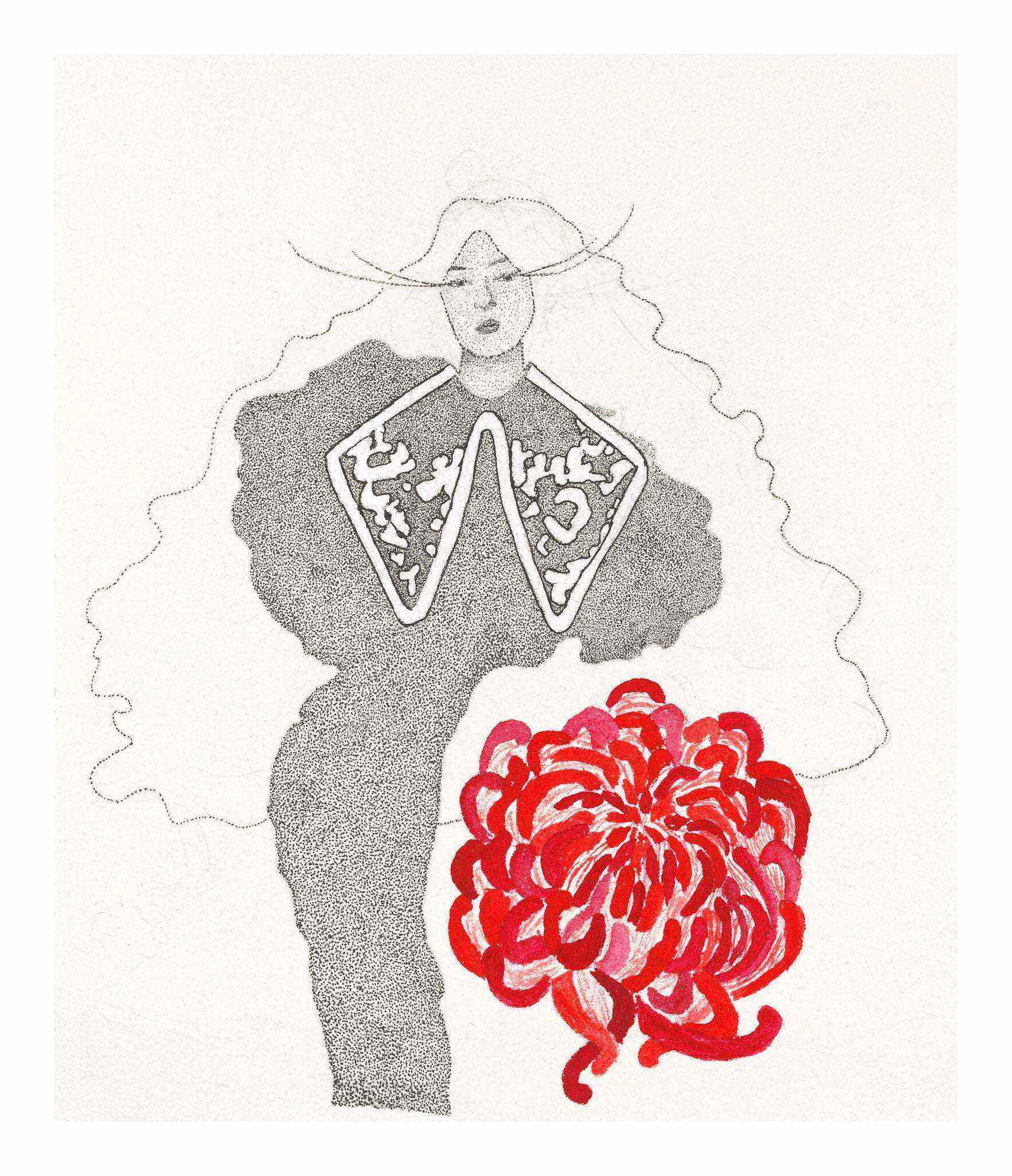 Atvirutė printas išraiškingos moters figūra su raudona gėlės dekoracija