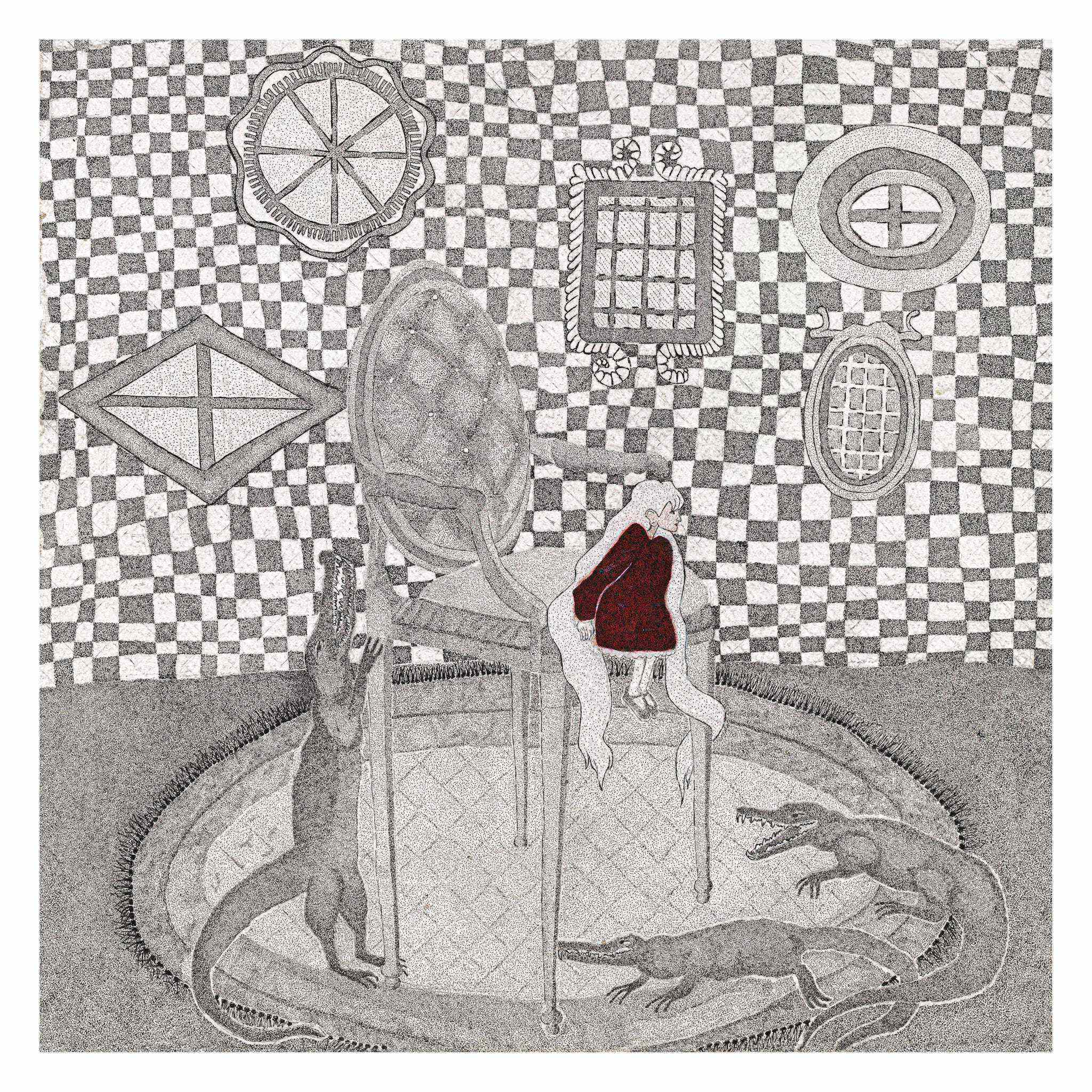 Printas Sapne išeik su motyvuojančia scena ir abstrakčiais gyvūnais prie kėdės kambaryje