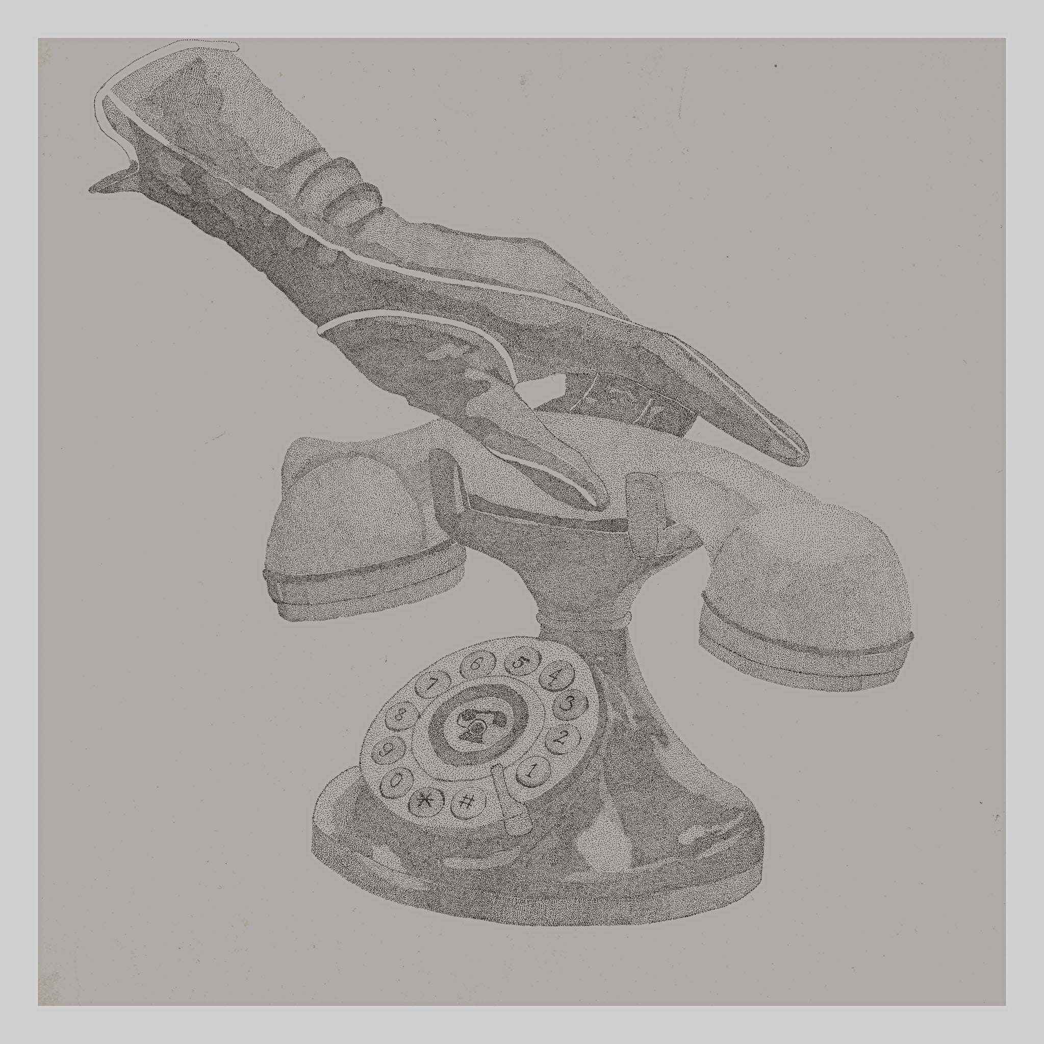 Printas Skambutis be aido piešinys su telefonu ir ranka virš jo