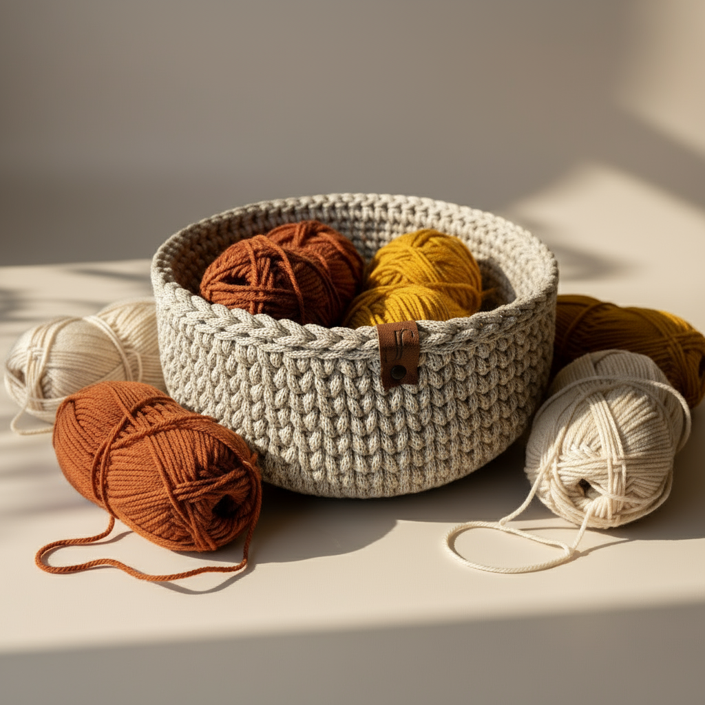 Rankų darbo krepšelis Leo iš perdirbtos medvilnės su siūlų kamuoliukais viduje