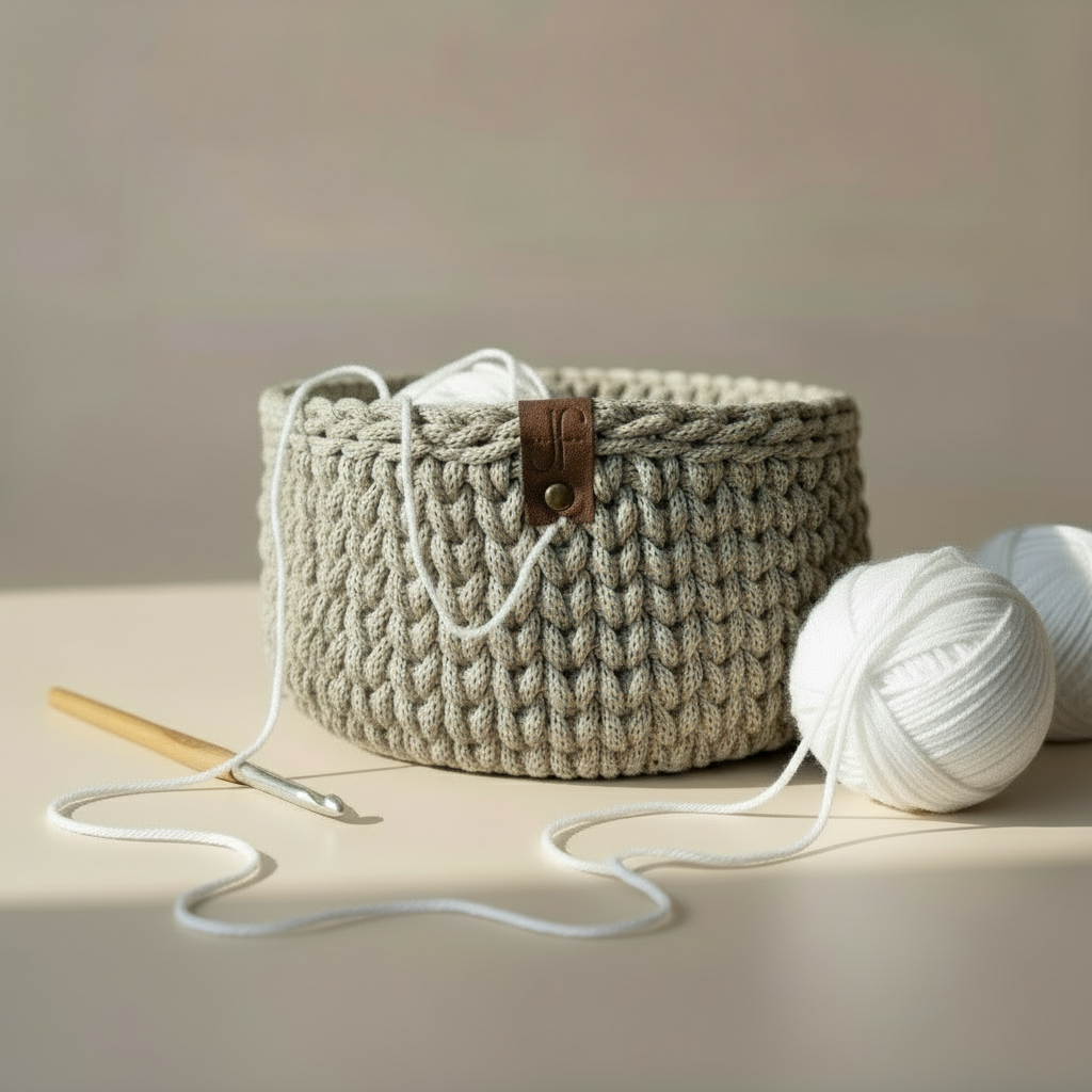 Rankų darbo krepšelis Leo iš perdirbtos medvilnės su vilnos siūlais