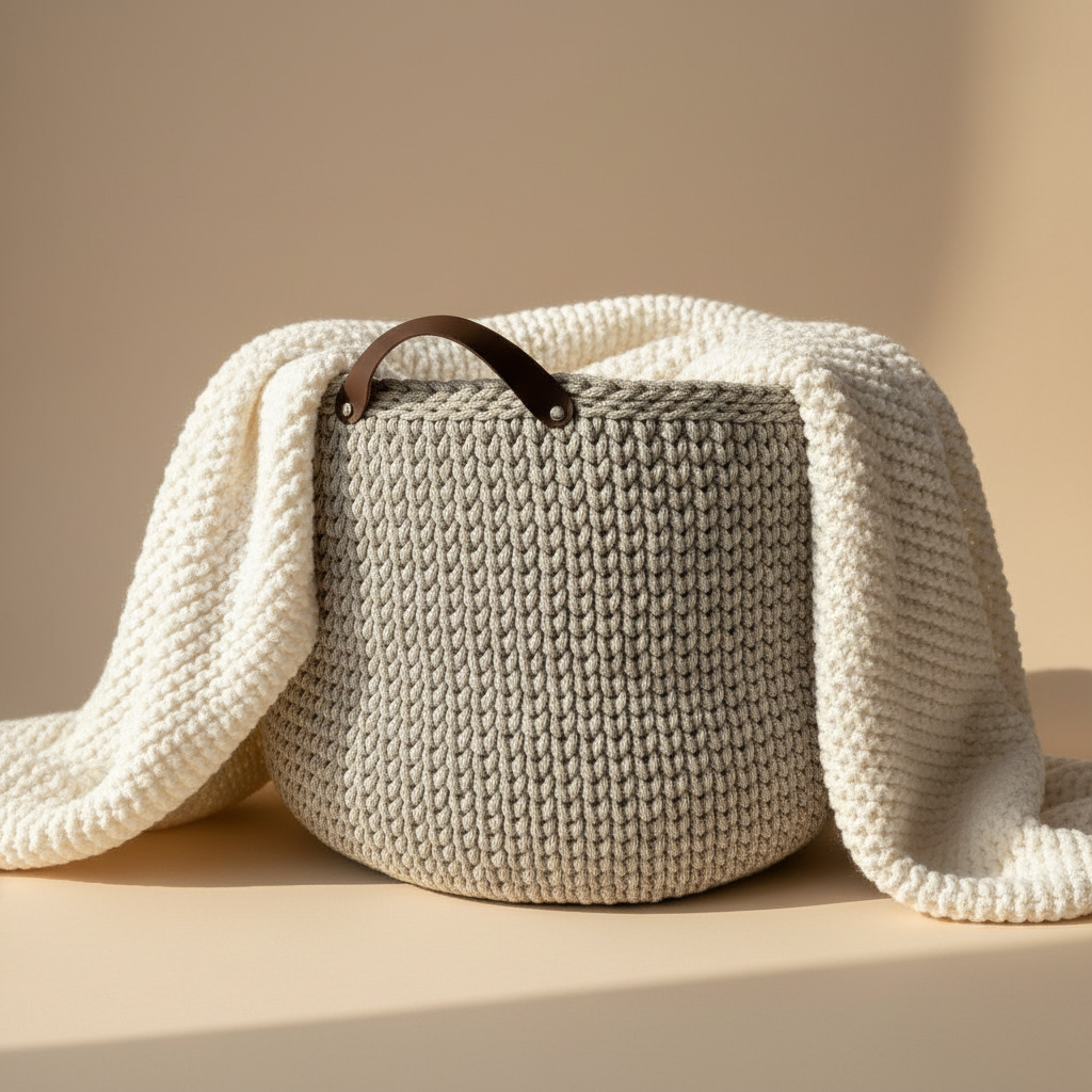 Rankų darbo krepšelis "Leo" iš perdirbtos medvilnės su odinėmis rankenėlėmis