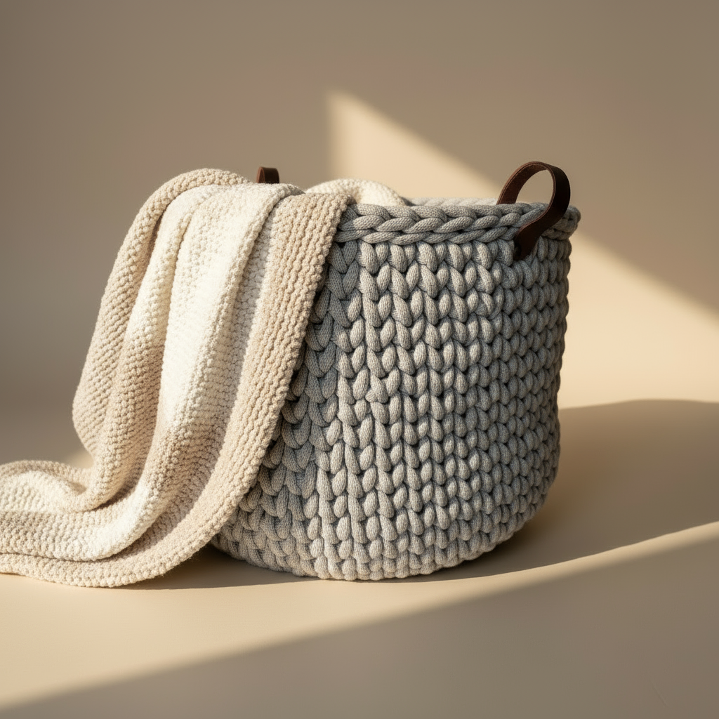 Rankų darbo šviesiai pilkas krepšys iš perdirbtos medvilnės su odinėmis rankenomis