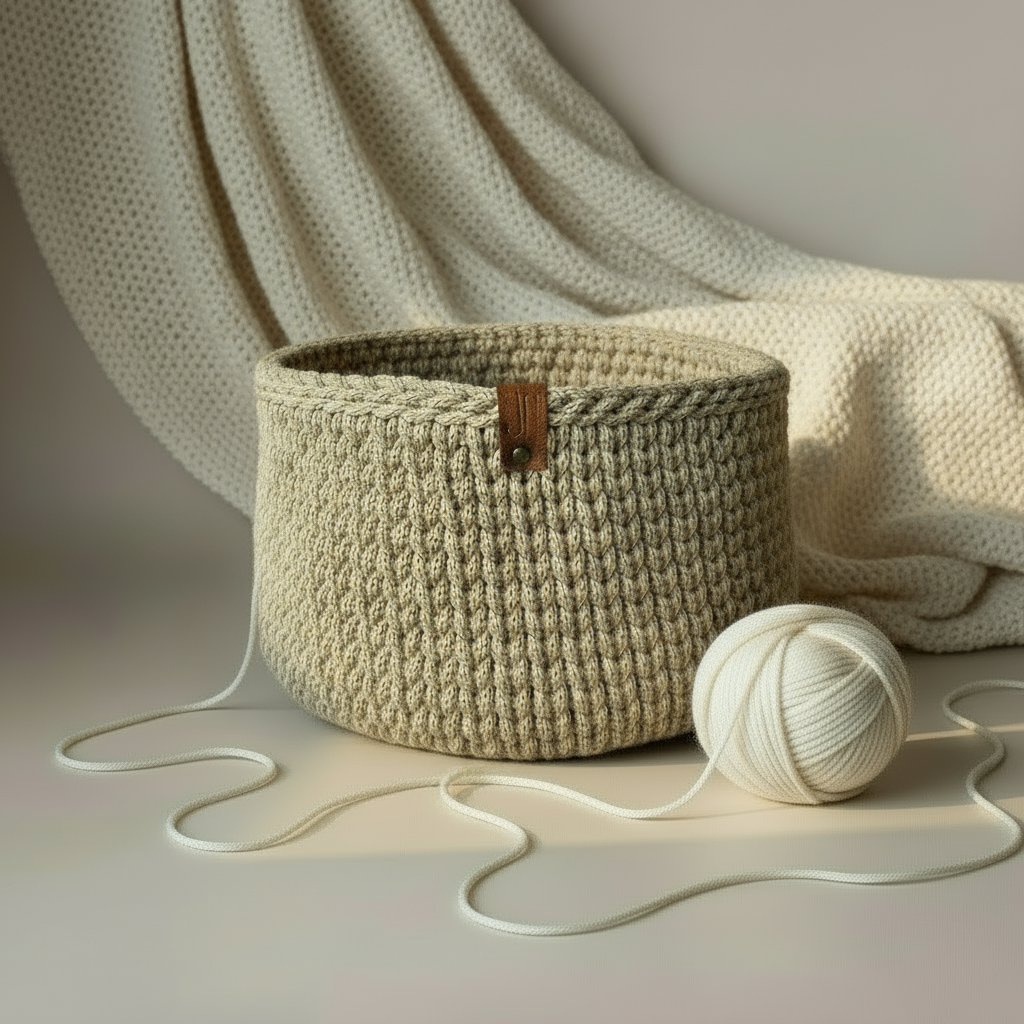 Rankų darbo krepšelis "Leo" iš perdirbtos medvilnės su megzta tekstūra ir siūlų kamuoliu šalia.