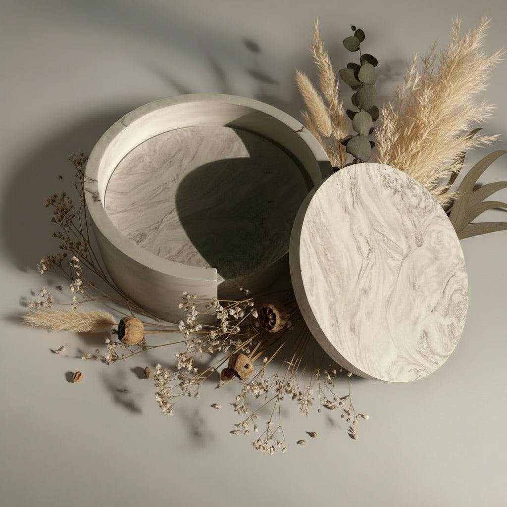 Rudo marmuro rašto puodelių padėkliukų komplektas su indeliu ir džiovintais augalais