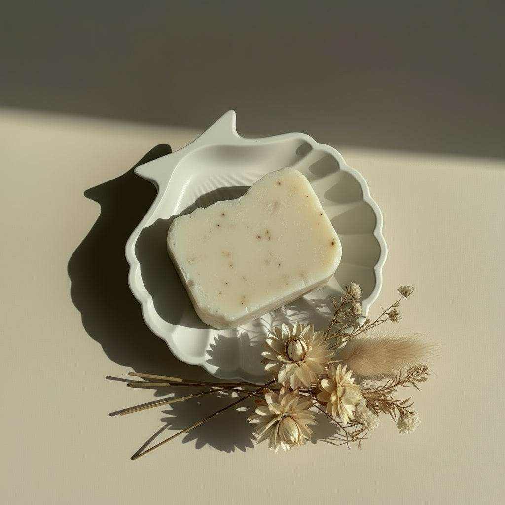 Muilinė kriauklės formos su natūralios spalvos muilu ir sausų gėlių dekoracija ant šviesaus paviršiaus