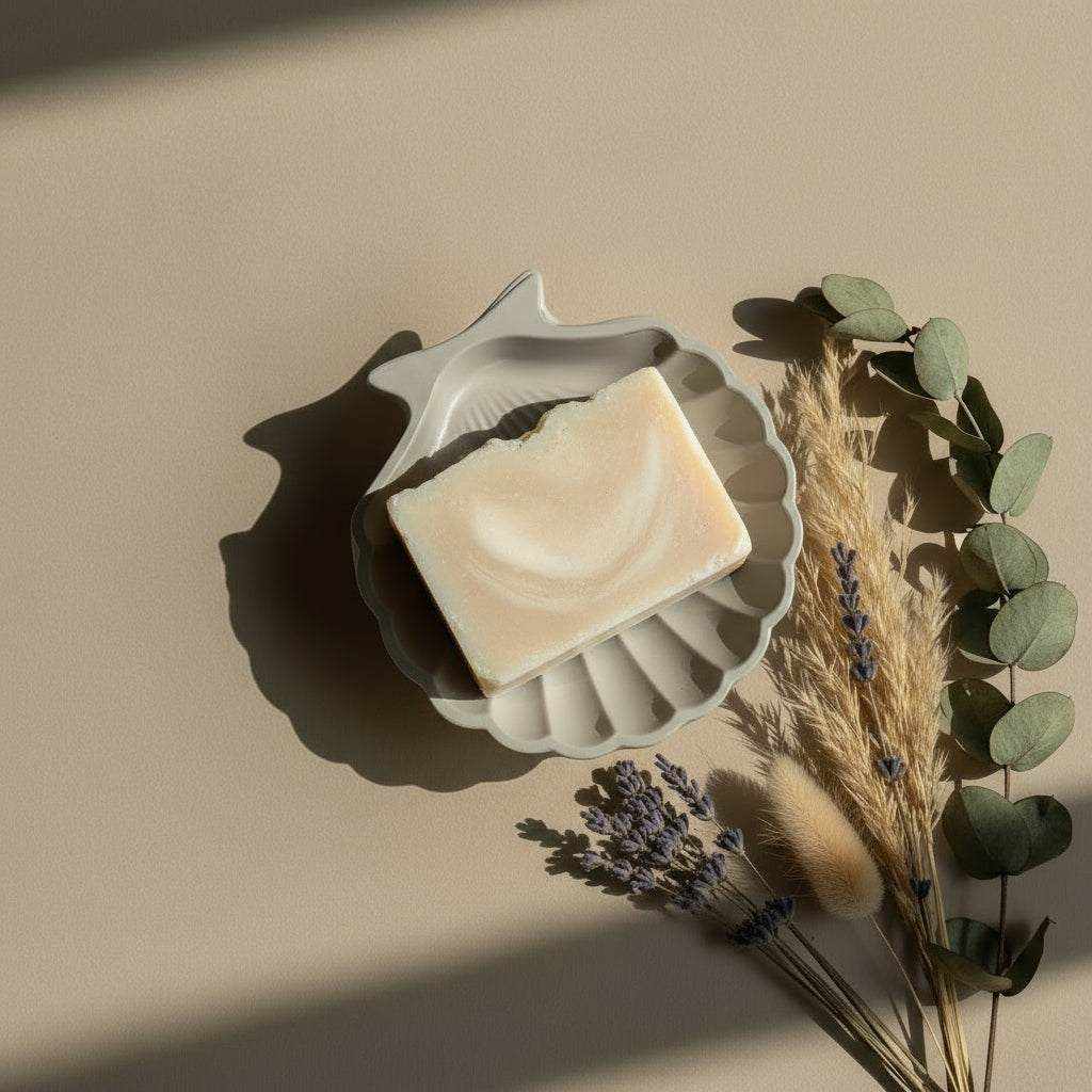 Muilinė kriauklės formos su natūralios spalvos muilu ir dekoratyvinių augalų kompozicija ant pilkos spalvos fono