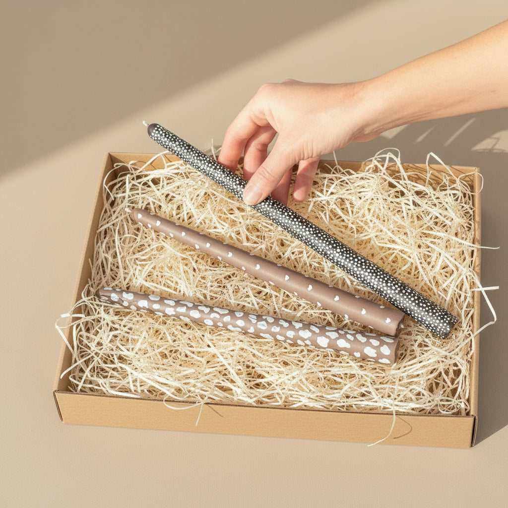 Rankų darbo žvakės dėžutėje su natūralia pakavimo medžiaga žvakių prenumeratai