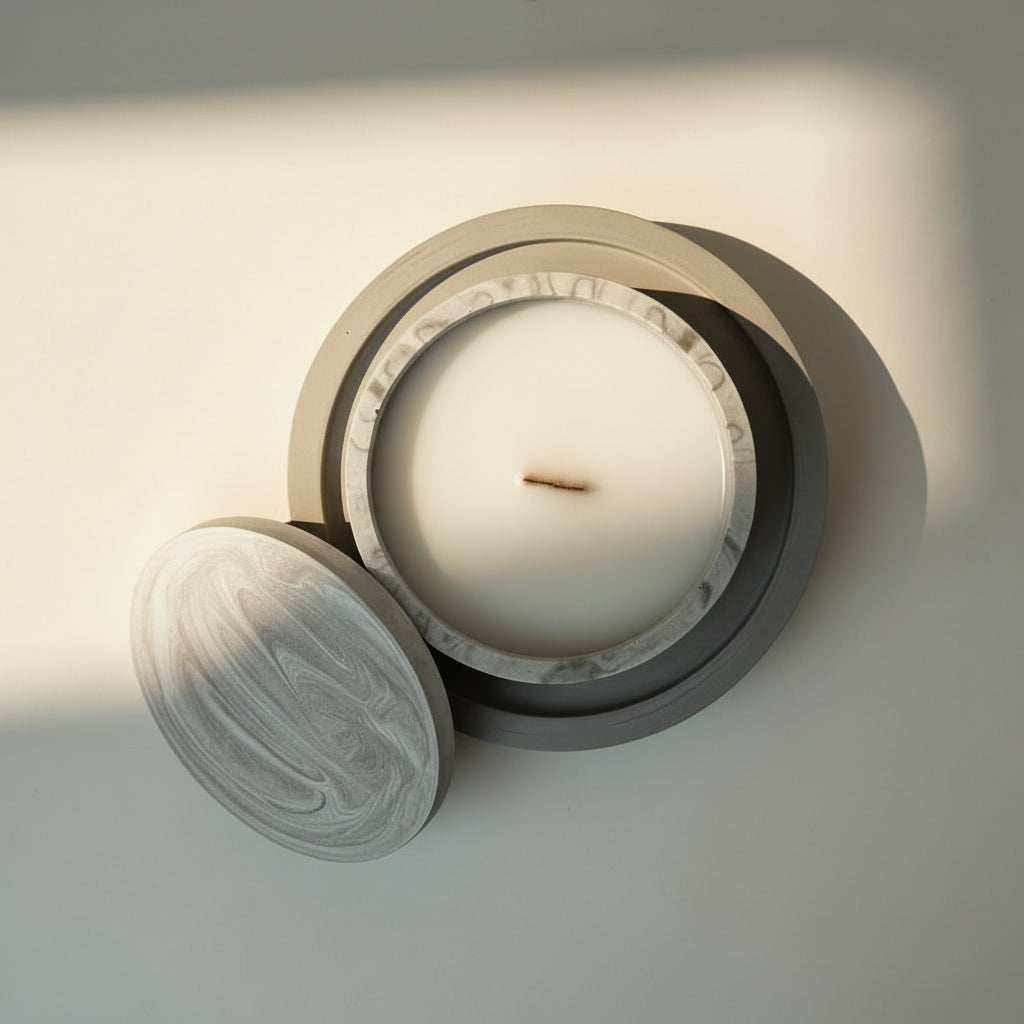 Rankų darbo kokosų vaško žvakė su mediniu dagčiu pilkame raštuotame indelyje ir gipsiniu padėkliuku