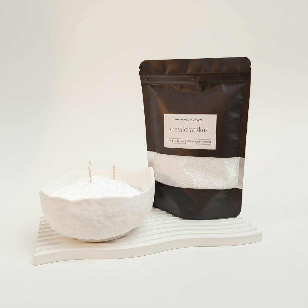 natūralios smėlio vaško žvakės su rankų darbo gipsiniu dubeniu ir padėkliuku minimalistiniam interjerui