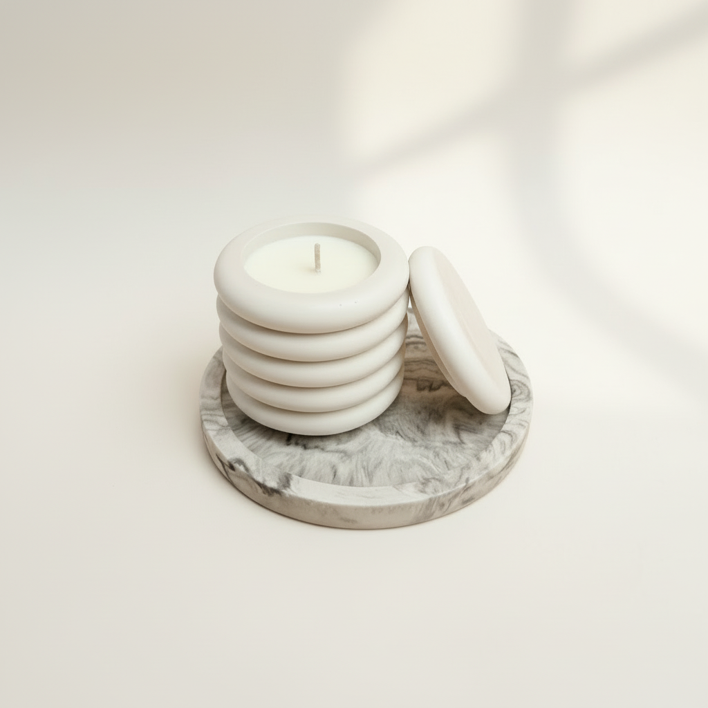 Natūrali kokosų vaško žvakė su keraminio gipso indeliu ir padėkliuku minimalistiniame dizaine