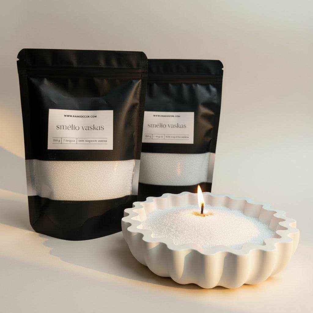 Smėlio vaško žvakės rinkinys su dubeniu ir degančia žvake, kūrybiškam namų jaukumui