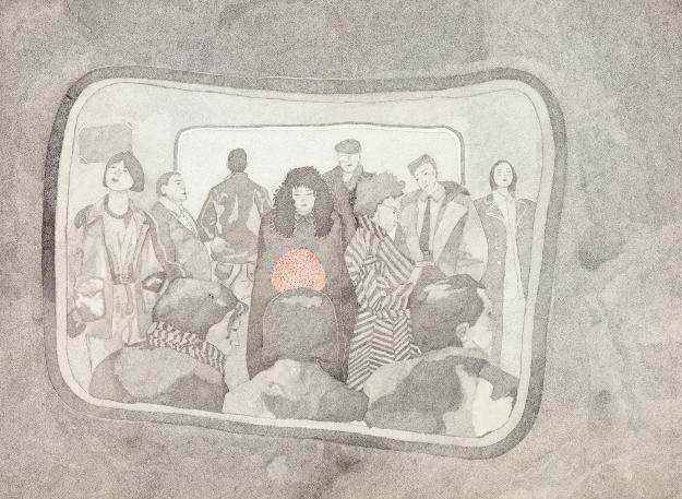 Printas Autobusas – kasdieniniai keleiviai autobuso lange, laukimas ir pažįstami veidai.