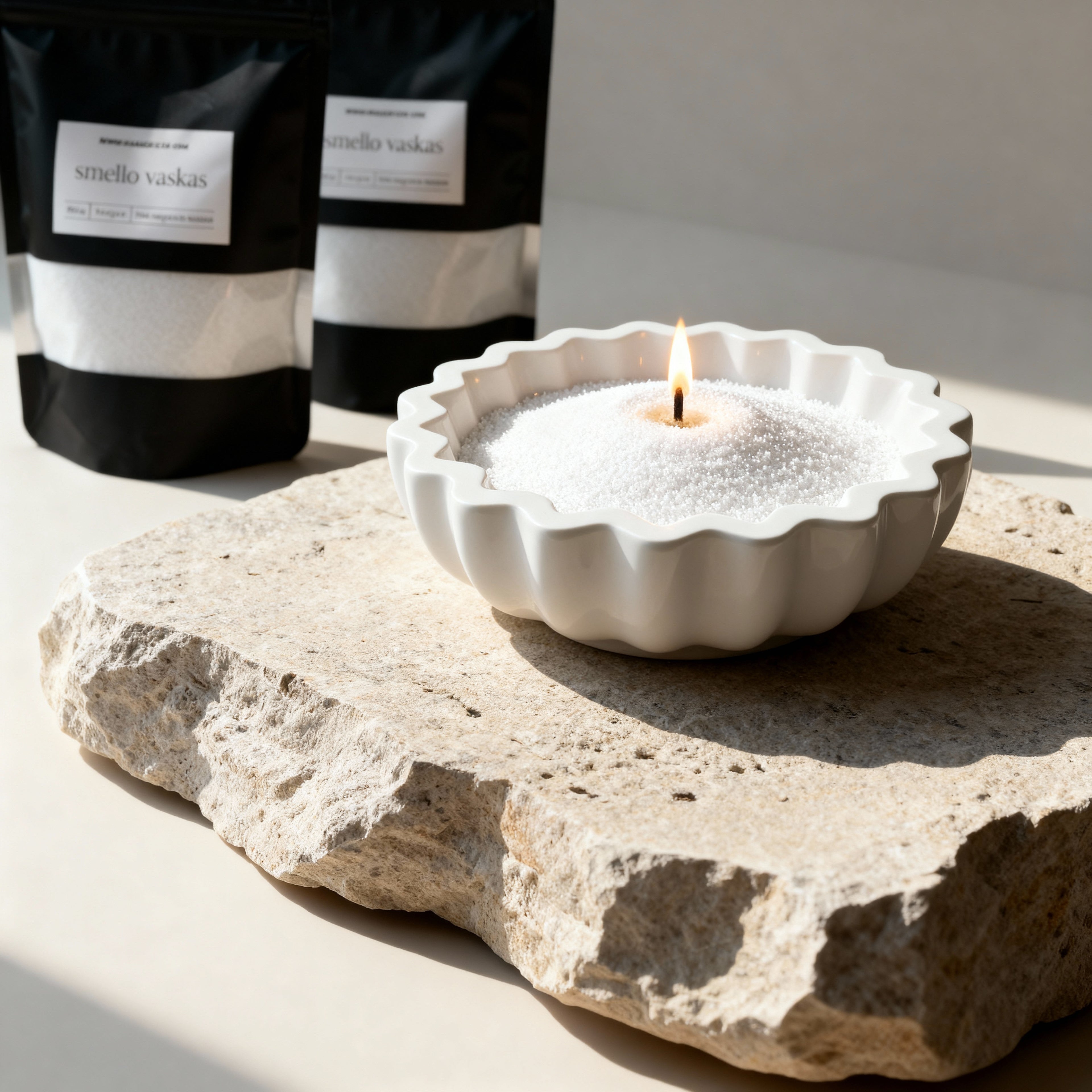kokosų vaško žvakė su rankų darbo gipso indeliu minimalistiniam interjerui