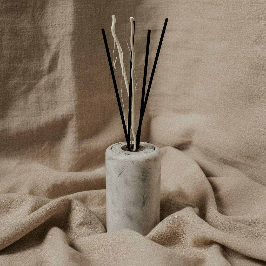Betoninis difuzorius su aromatinėmis lazdelėmis ant natūralaus audinio fono