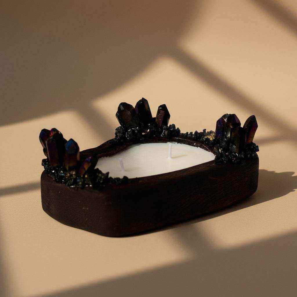 Rankų darbo medinė žvakė su kristalų dekoracija ir natūralios uosio medienos pagrindu