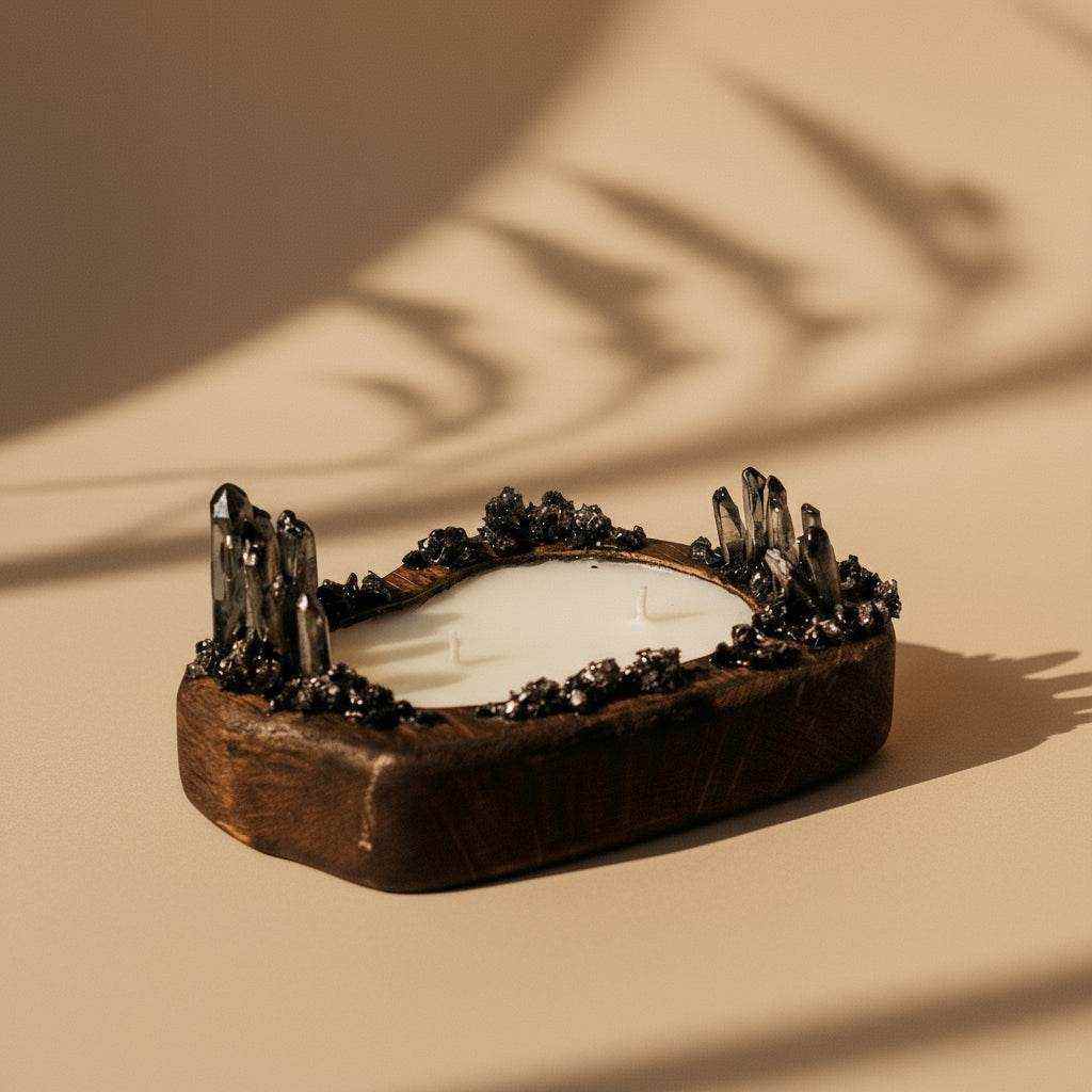 Medinė žvakė su kristalais ir natūralios uosio medienos dekoracija