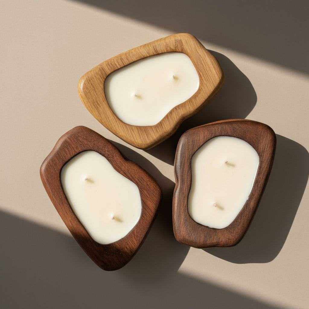 Rankų darbo medinė žvakė iš uosio medienos minimalistiniam interjerui