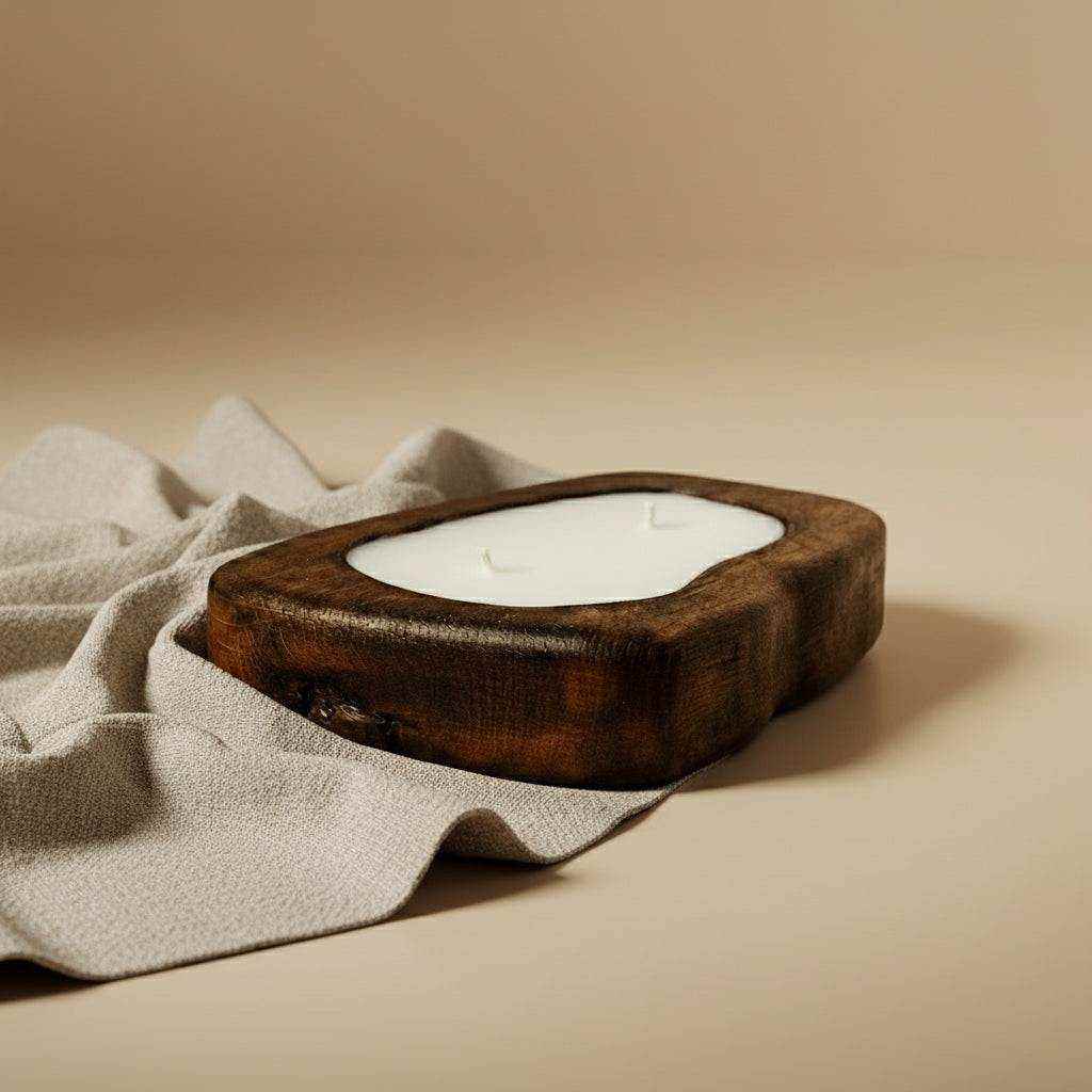 rankų darbo medinė žvakė iš uosio medienos su natūralia tekstūra ir minimalistiniu dizainu
