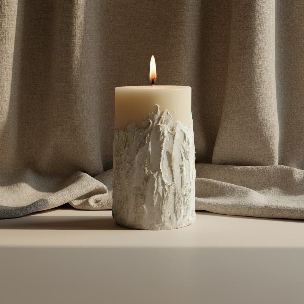 Deganti betoninė žvakė iš sojų vaško su natūralia tekstūra ir rankų darbo efektais.