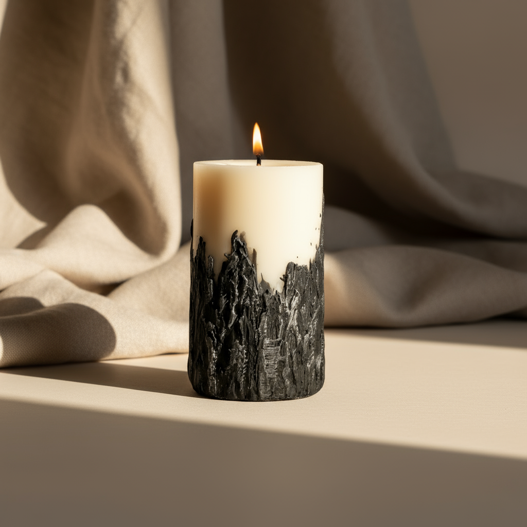 Betoninė žvakė iš sojų vaško su tekstūruotu betono pagrindu ir dega liepsna kambario interjere
