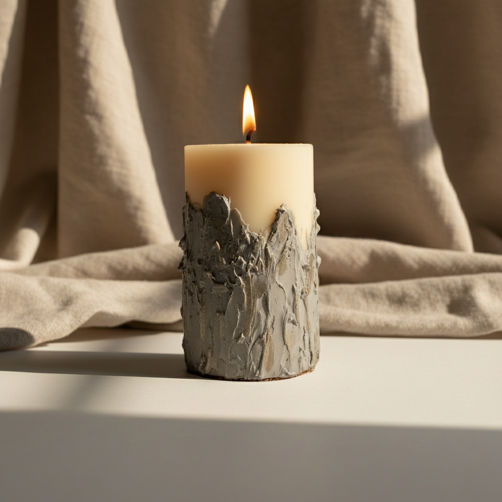 Betoninė žvakė iš sojų vaško su natūraliu betono pagrindu ir rankų darbo tekstūra